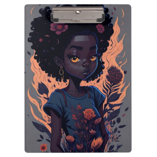 Niedliches Ai Generated Girl mit Blume und Flammen Klemmbrett