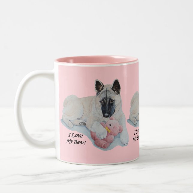 niedliches Akita, das rosa Teddybärn-Hundeporträt Zweifarbige Tasse (Links)