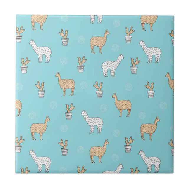 Niedliches Alpaca-Llama-Kakteen-Muster Fliese (Vorderseite)