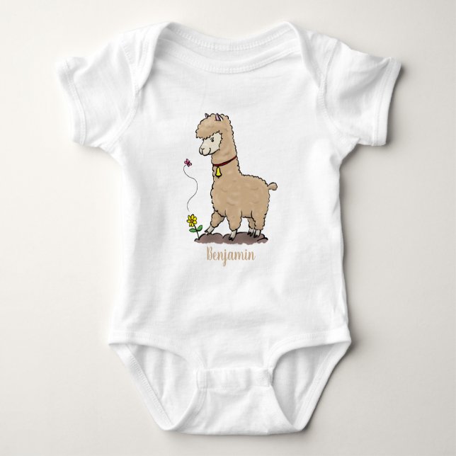 Niedliches Alpaca mit Schmetterling-Cartoon Baby Strampler (Vorderseite)