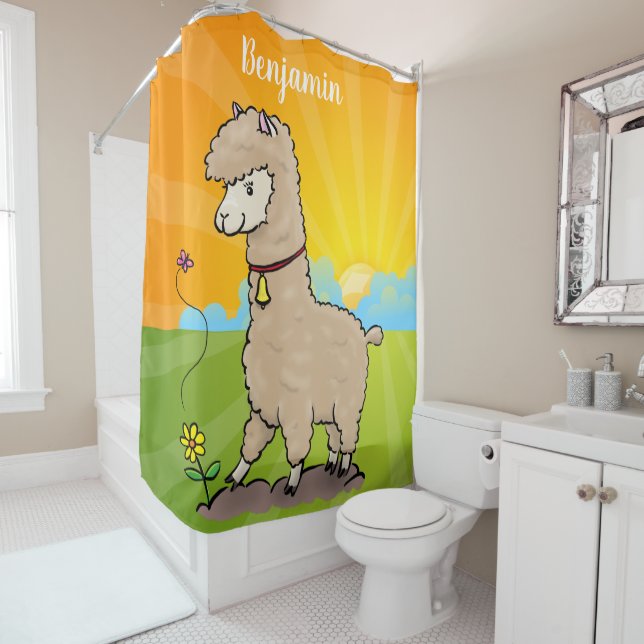 Niedliches Alpaca mit Schmetterling-Cartoon Duschvorhang (Beispiel)