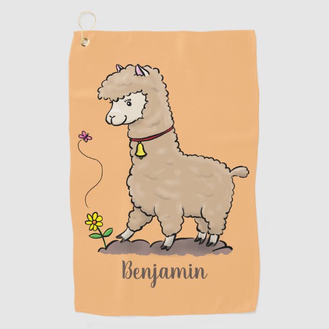 Niedliches Alpaca mit Schmetterling-Cartoon Golfhandtuch (Vorderseite)