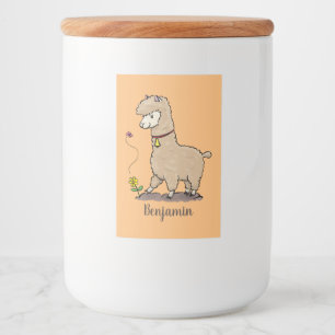 Niedliches Alpaca mit Schmetterling-Cartoon Lebensmitteletikett