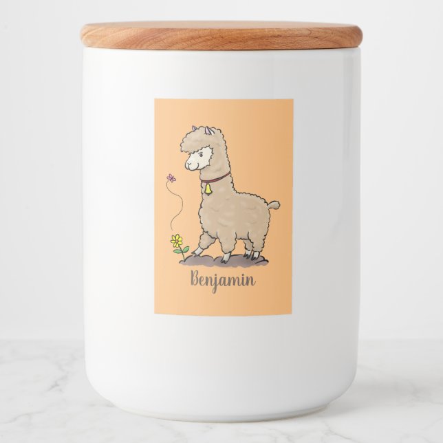 Niedliches Alpaca mit Schmetterling-Cartoon Lebensmitteletikett (Vorderseite)