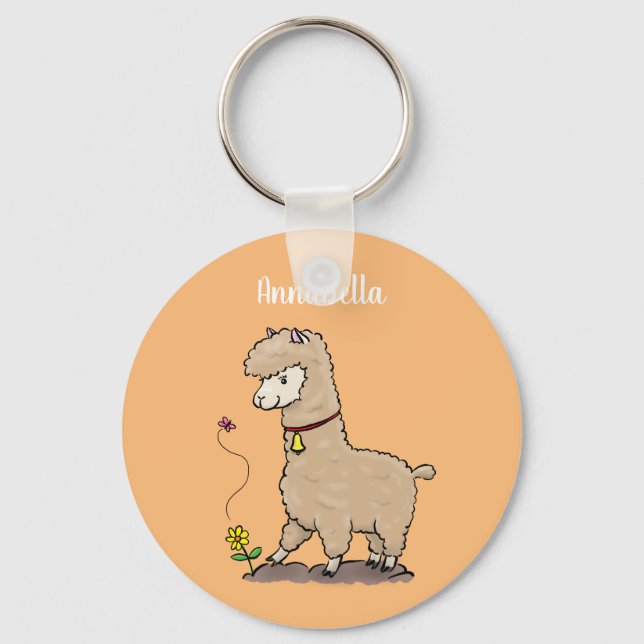 Niedliches Alpaca mit Schmetterling-Cartoon Schlüsselanhänger (Vorderseite)