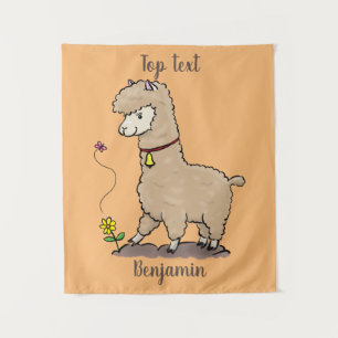 Niedliches Alpaca mit Schmetterling-Cartoon Wandteppich