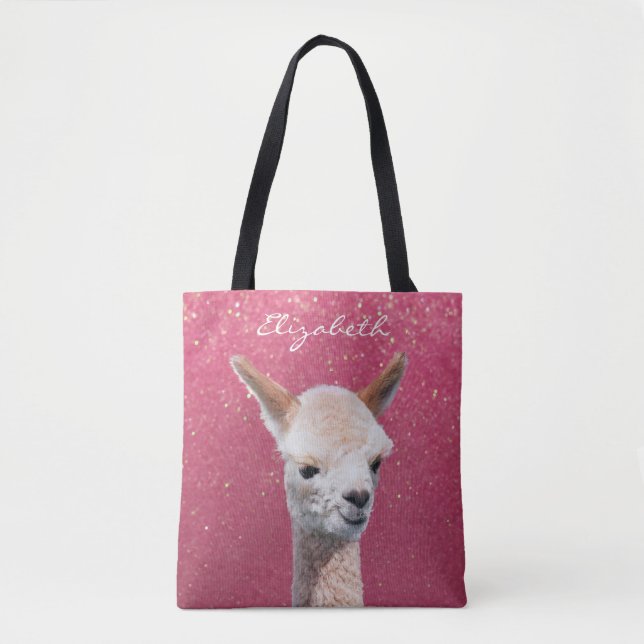 Niedliches Alpaca, rosa Glitzer, DIREKT Name Weiße Tasche (Vorderseite)