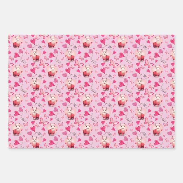 Niedliches Alpaca Valentine Day Wrapping Paper Geschenkpapier Set (Vorderseite)