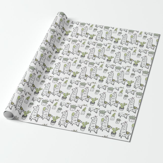 Niedliches Alpaka-u. Kaktus-Muster Geschenkpapier (Ungerollt)