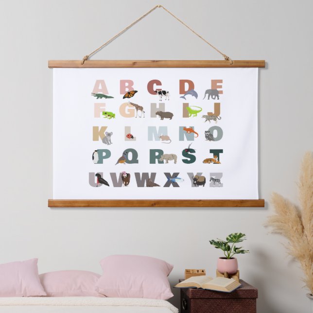 Niedliches Alphabet ABC Animals Kinderzimmer im Kl Wandteppich Mit Holzrahmen (Schlafzimmer)