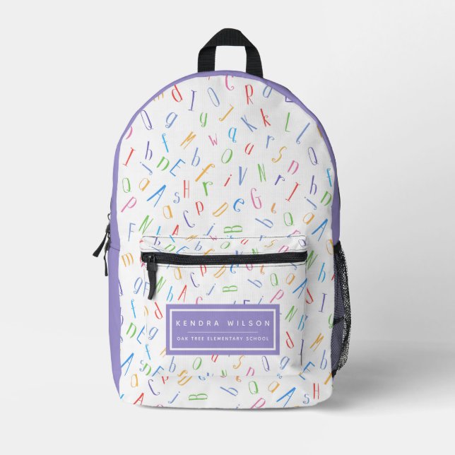 Niedliches Alphabet Muster _ weiß und Lila Bedruckter Rucksack (Vorderseite)