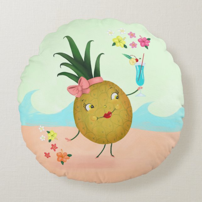 Niedliches Ananas-Zeichen am Strand Rundes Kissen (Vorderseite)