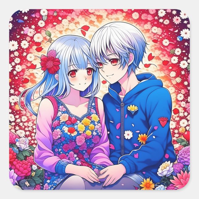 Niedliches Anime Couple umgeben von Blume und Herz Quadratischer Aufkleber (Vorderseite)