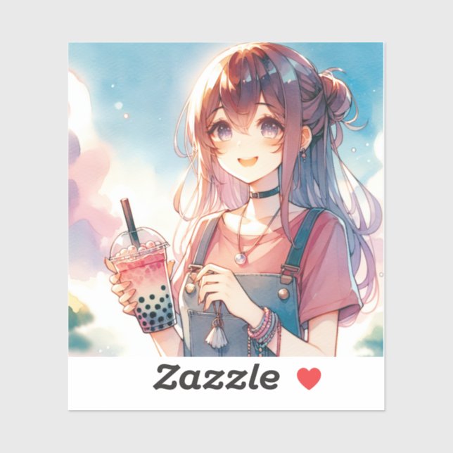 Niedliches Anime Girl Holen eines Boba Tees Aufkleber (Blatt)