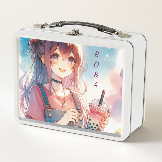 Niedliches Anime Girl Holen eines Boba Tees Metall Brotdose (Vorderseite)