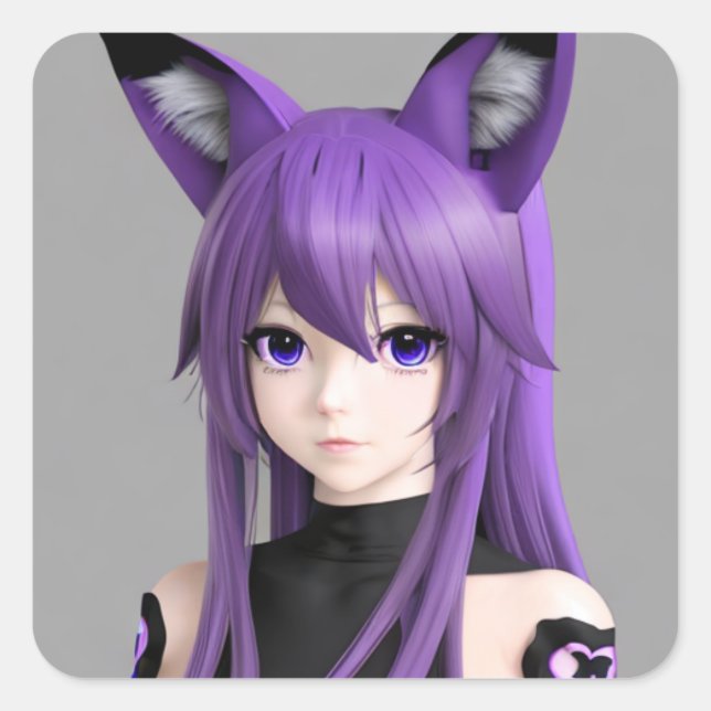Niedliches Anime-Girl mit Fox-Ohren Quadratischer Aufkleber (Vorderseite)