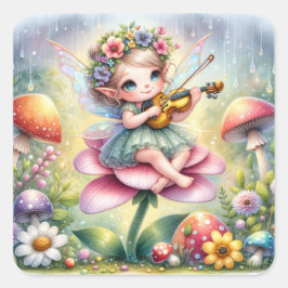 Niedliches Anime-Girl mit Violine im Pilz Quadratischer Aufkleber