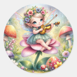 Niedliches Anime-Girl mit Violine im Pilz Runder Aufkleber