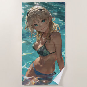 Niedliches Anime-Mädchen in einem Pool Strandtuch