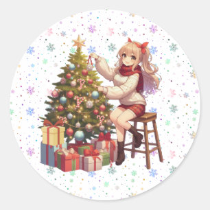Niedliches Anime-Mädchen schneidet den Baum Runder Aufkleber