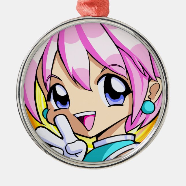 Niedliches Anime-Mädchen Silbernes Ornament (Vorne)
