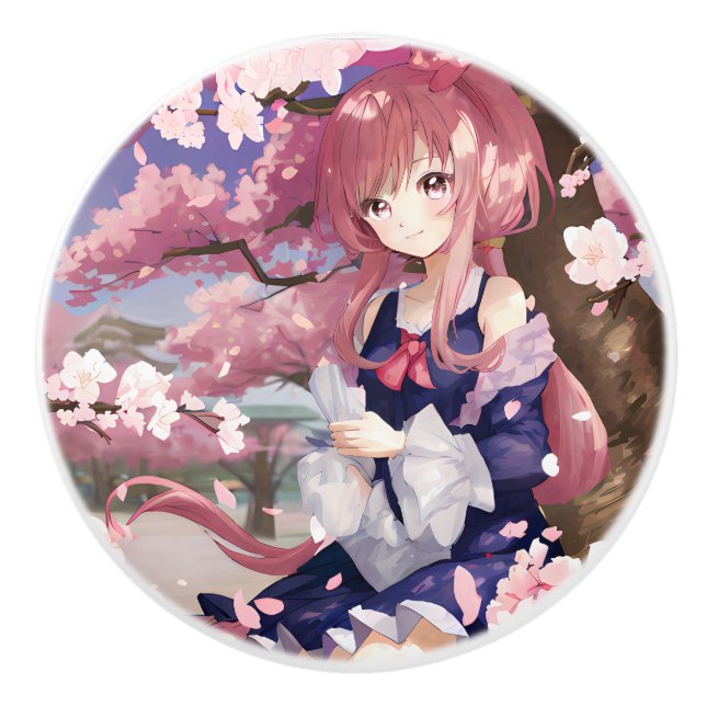 Niedliches Anime-Mädchen unter einem Kirschblossom Keramikknauf (Vorderseite)