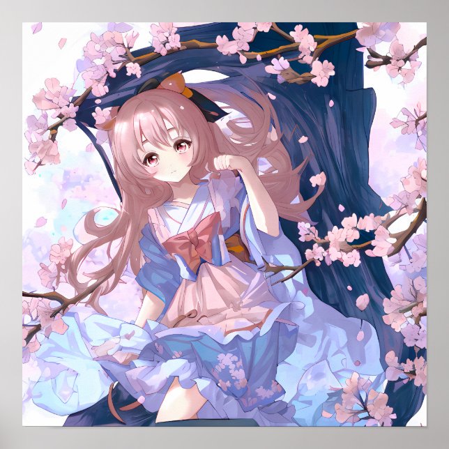 Niedliches Anime-Mädchen unter einem Kirschblossom Poster (Vorne)
