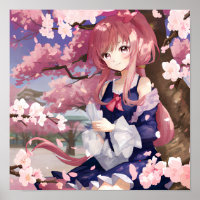 Niedliches Anime-Mädchen unter einem Kirschblossom
