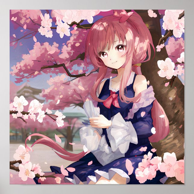 Niedliches Anime-Mädchen unter einem Kirschblossom Poster (Vorne)
