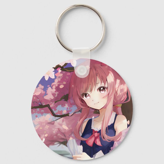 Niedliches Anime-Mädchen unter einem Kirschblossom Schlüsselanhänger (Vorderseite)