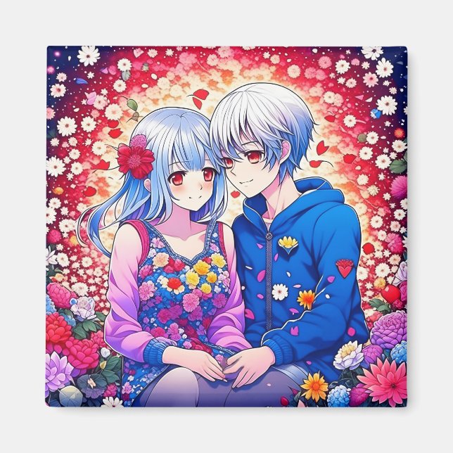 Niedliches Anime-Paar, Blume und Herz Magnet (Vorne)