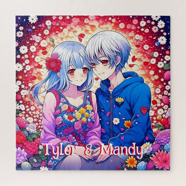Niedliches Anime-Paar, Blume und Herz Personalisie (Vertikal)