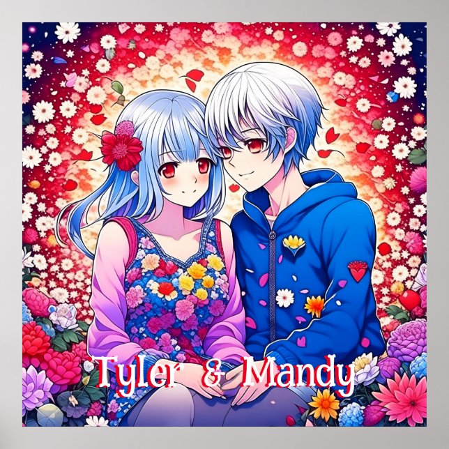 Niedliches Anime-Paar, Blume und Herz Personalisie Poster (Vorne)