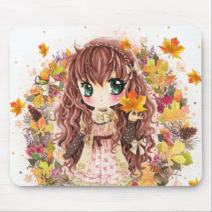 Niedliches Animemädchen mit Herbst-Blätter Mousepad