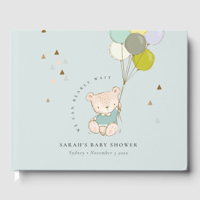 Niedliches Aqua Bearly Wait Bären Ballon Baby Dusc Gästebuch (Vorderseite)