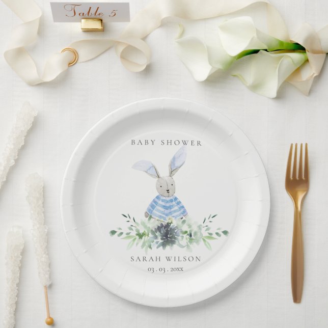 Niedliches Aqua Blue Bunny Garden Foliage Babydusc Pappteller (Hochzeit)
