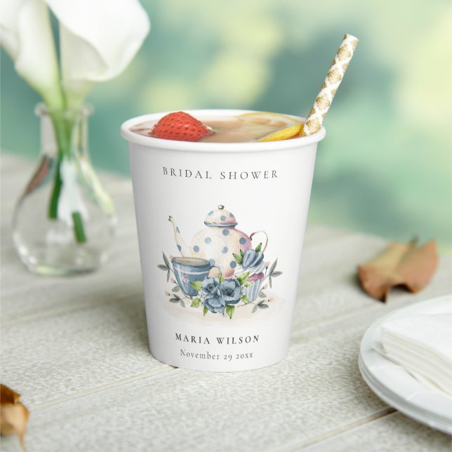 Niedliches Aqua Blue Floral Teapot Cup Brautparty Pappbecher (In Situ)