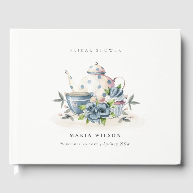 Niedliches Aqua Blue Floral Teapot Cups Brautparty Gästebuch (Vorderseite)
