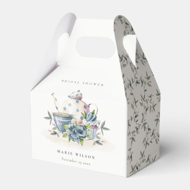 Niedliches Aqua Blue Floral Teapot Cups Brautparty Geschenkschachtel (Vorderseite)