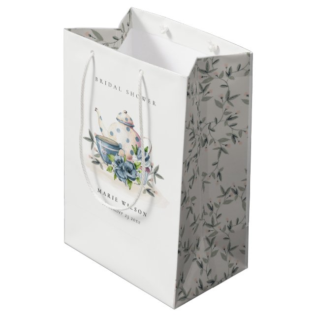Niedliches Aqua Blue Floral Teapot Cups Brautparty Mittlere Geschenktüte (Rückseite Schrägansicht)