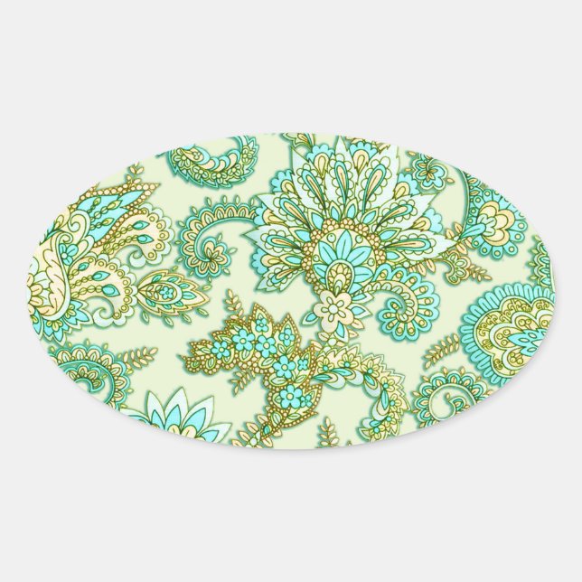 Niedliches Aqua Gold Paisley Blumenmuster Ovaler Aufkleber (Vorderseite)