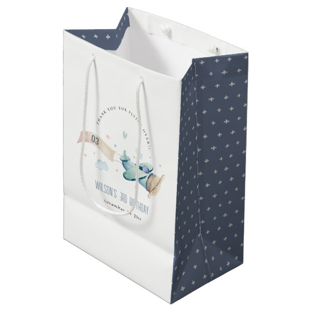 Niedliches Aqua Green Blue Biplane Cloud Herzstück Mittlere Geschenktüte (Vorderseite Schrägansicht)