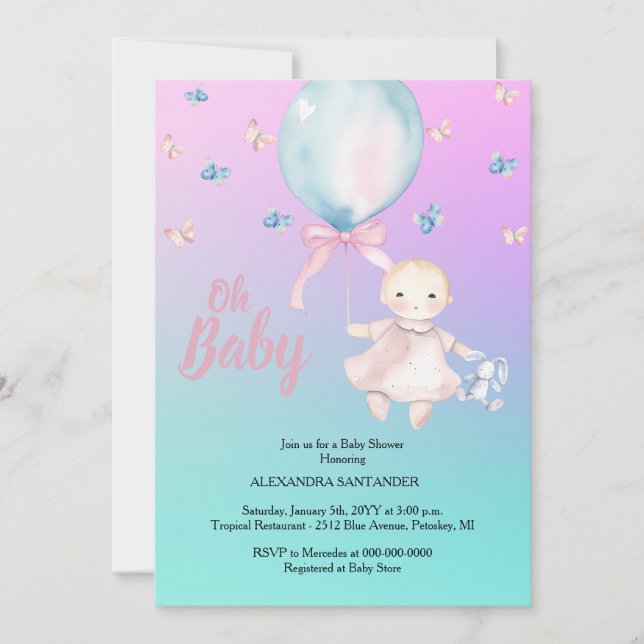 Niedliches Aqua & Lila Babydusche Einladung (Vorderseite)