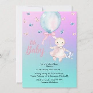Niedliches Aqua & Lila Babydusche Einladung