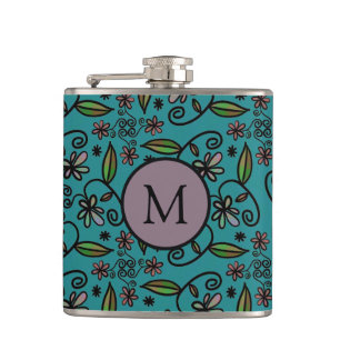 Niedliches Aquamarines Blumenmuster Monogramm Flachmann