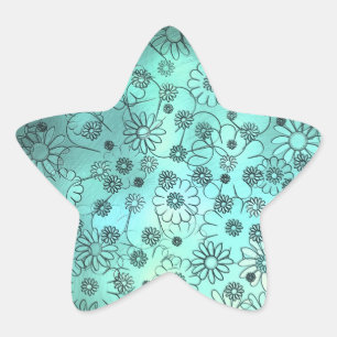 Niedliches Aquamarines Blumenmuster Stern-Aufkleber