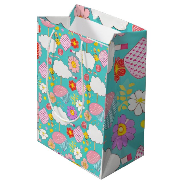 Niedliches Aquamarines Rosa Lila Cartoon Blumengar Mittlere Geschenktüte (Rückseite Schrägansicht)