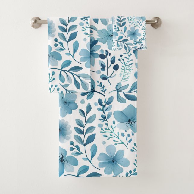 Niedliches Aquamarines türkisblaues Blumenmuster Badhandtuch Set (Insitu)