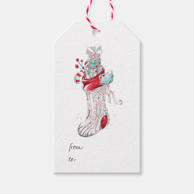 Niedliches Aquarell Winter Weihnachten Strumpf Geschenkanhänger (Vorderseite)