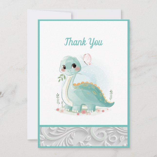 Niedliches Aquarellbaby Dinosaurier Green Dankeskarte (Vorderseite)
